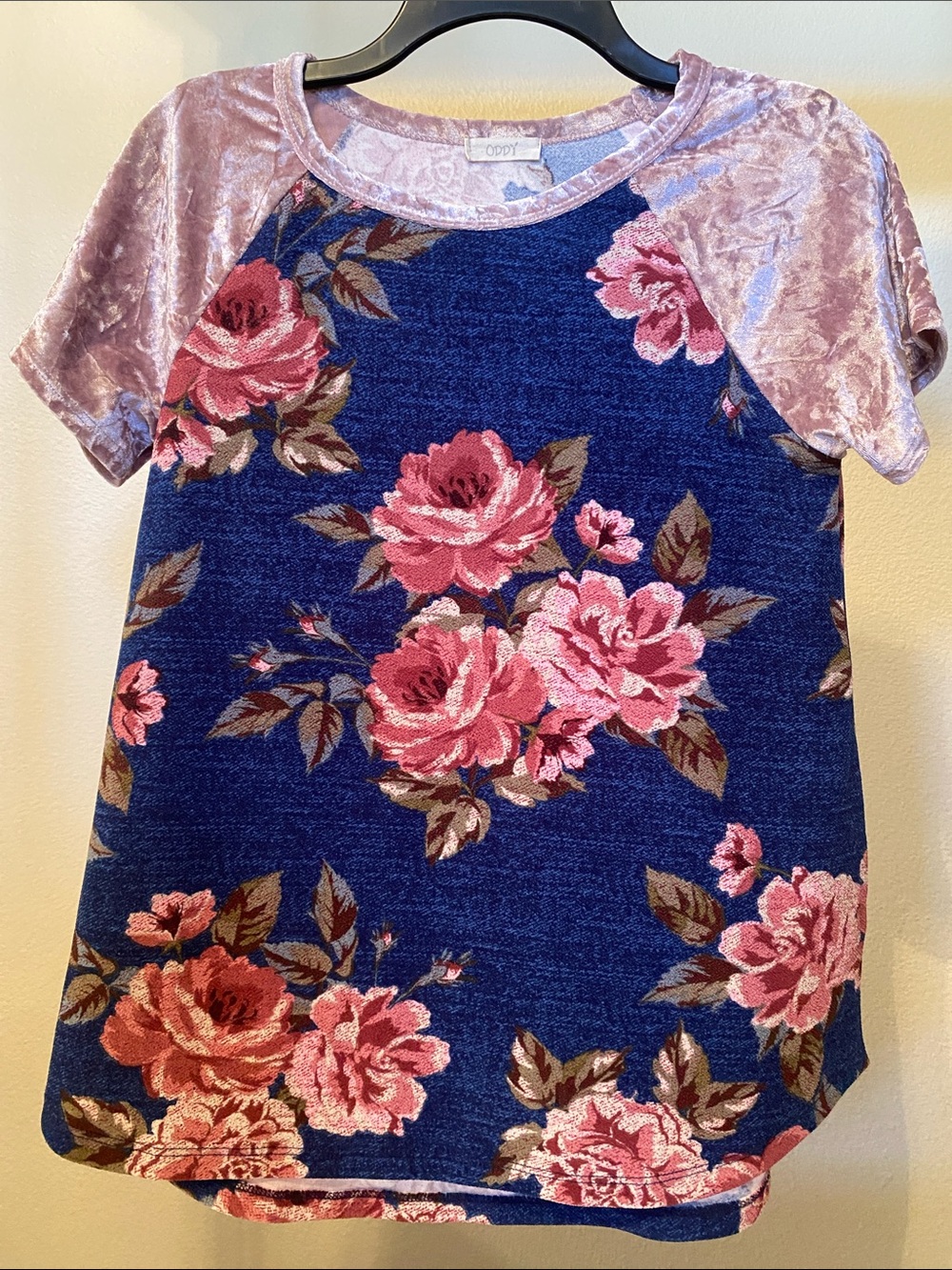 ODDY Navy Floral Top with Pink Velvet Raglan Sleeves